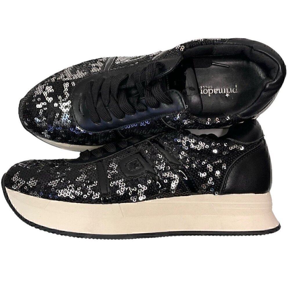 Sequins Sparkly Black & White Fashion Sneakers Primadonna Women’s 7.5 Leather - Picture 2 of 14